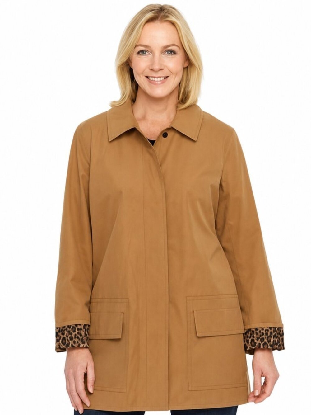 Dennis Basso Tan Raincoat w/ Leopard Print Lining | Size Medium | Classic & Chic